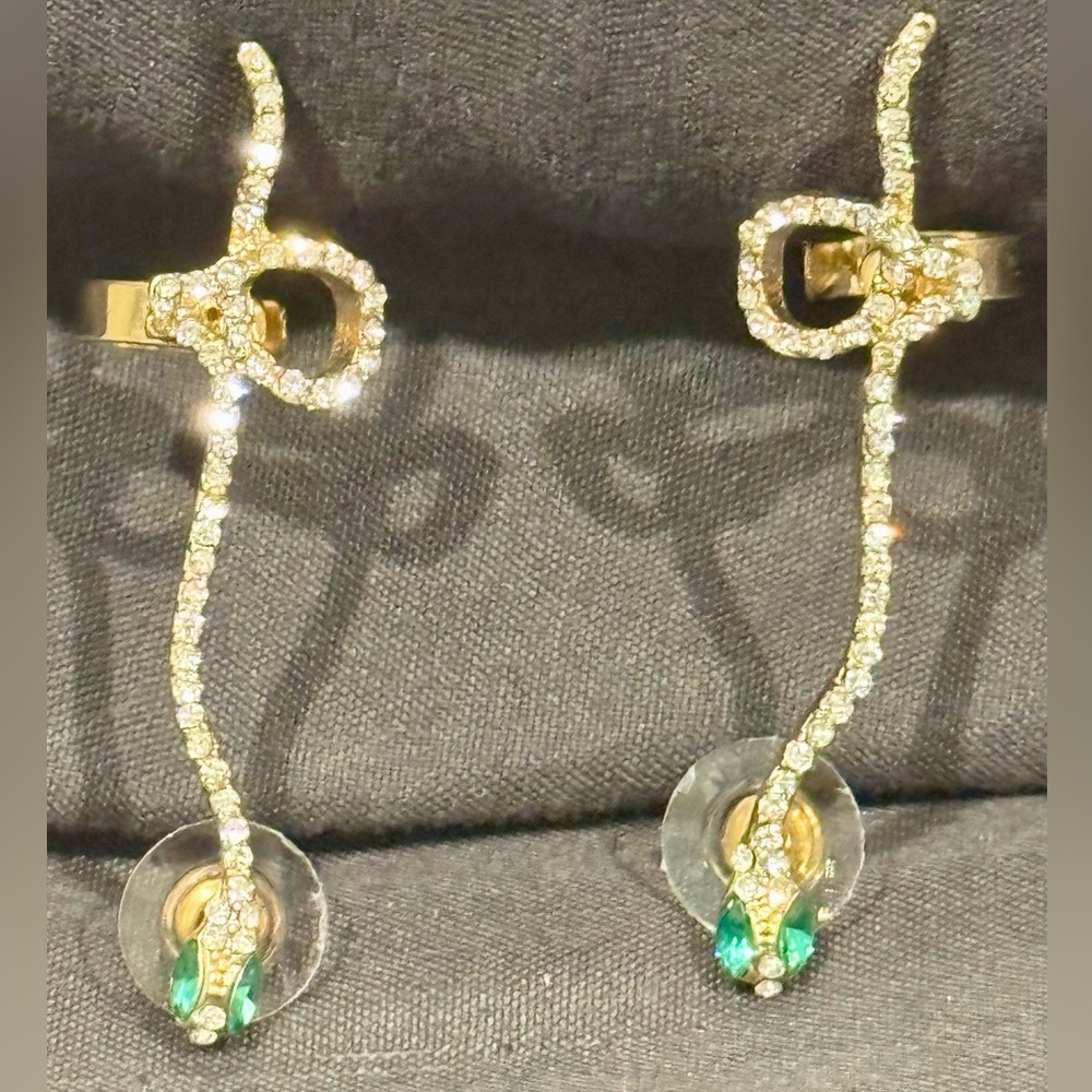 nOir Jewelry Gold and Silver Climbing Snake Earrings w/Green Jewels for Eyes.
